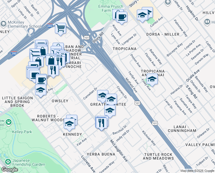 map of restaurants, bars, coffee shops, grocery stores, and more near 1379 McQuesten Drive in San Jose