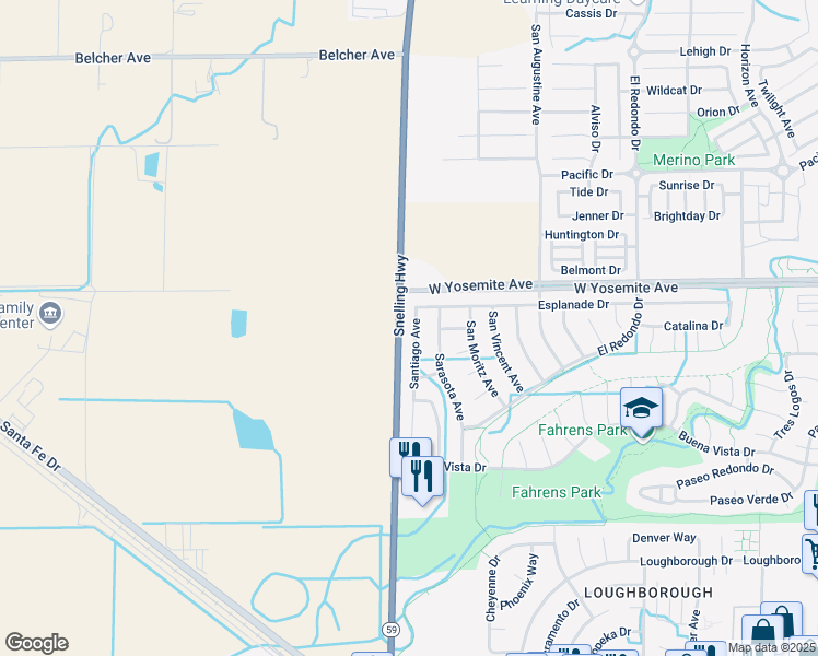 map of restaurants, bars, coffee shops, grocery stores, and more near 3583 Santiago Avenue in Merced