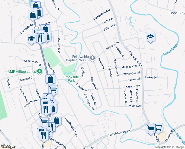 map of restaurants, bars, coffee shops, grocery stores, and more near 5625 Daytona Road in Hollins
