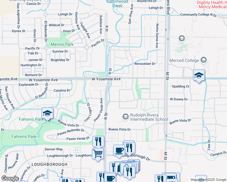map of restaurants, bars, coffee shops, grocery stores, and more near 3460 R Street in Merced