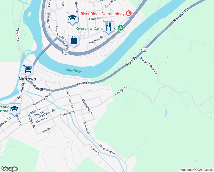 map of restaurants, bars, coffee shops, grocery stores, and more near 1257 Wolf Street in Narrows