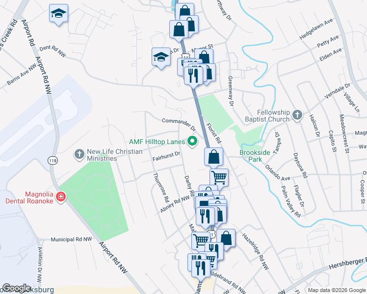 map of restaurants, bars, coffee shops, grocery stores, and more near 5901 Darby Road Northwest in Roanoke