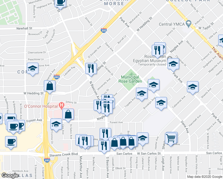 map of restaurants, bars, coffee shops, grocery stores, and more near 1824 Emory Street in San Jose