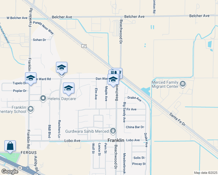 map of restaurants, bars, coffee shops, grocery stores, and more near 2932 Maple Avenue in Merced
