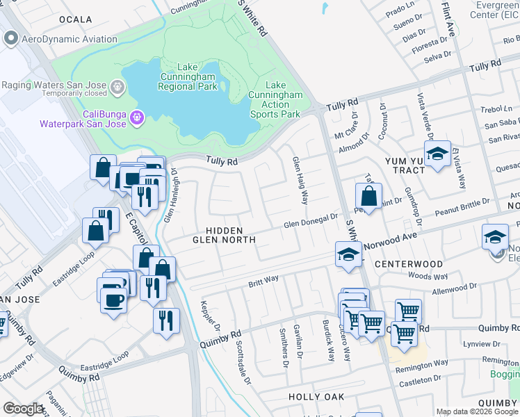 map of restaurants, bars, coffee shops, grocery stores, and more near 2582 Glen Dundee Court in San Jose
