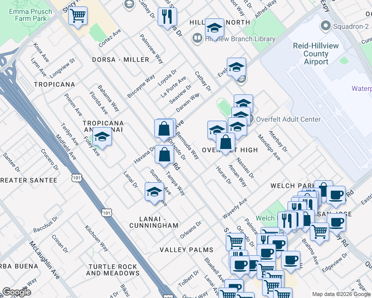 map of restaurants, bars, coffee shops, grocery stores, and more near 1907 Bermuda Way in San Jose