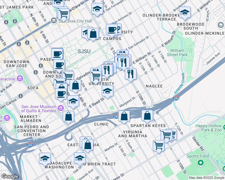 map of restaurants, bars, coffee shops, grocery stores, and more near 340 East Reed Street in San Jose