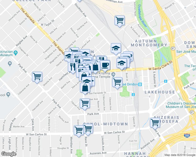 map of restaurants, bars, coffee shops, grocery stores, and more near in San Jose