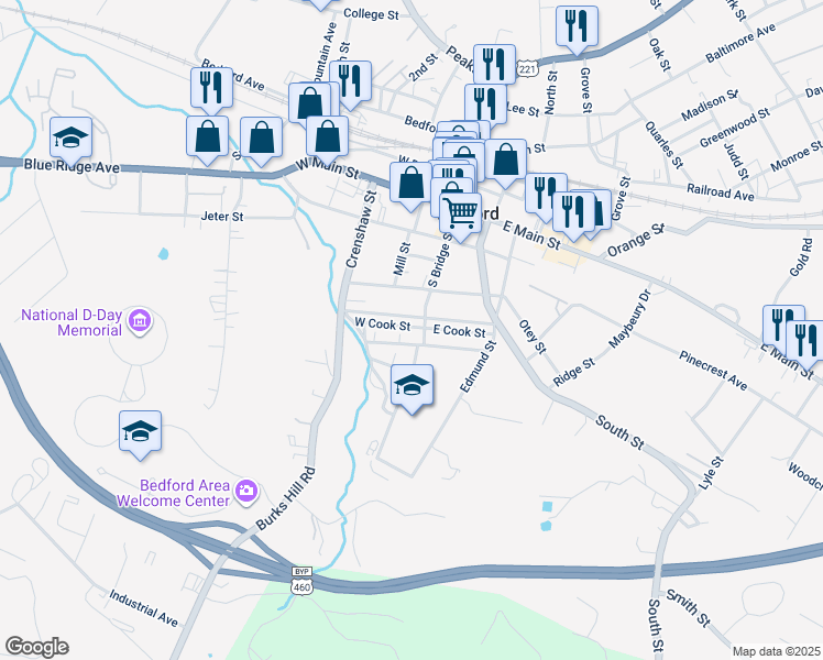 map of restaurants, bars, coffee shops, grocery stores, and more near 610 West Federal Street in Bedford