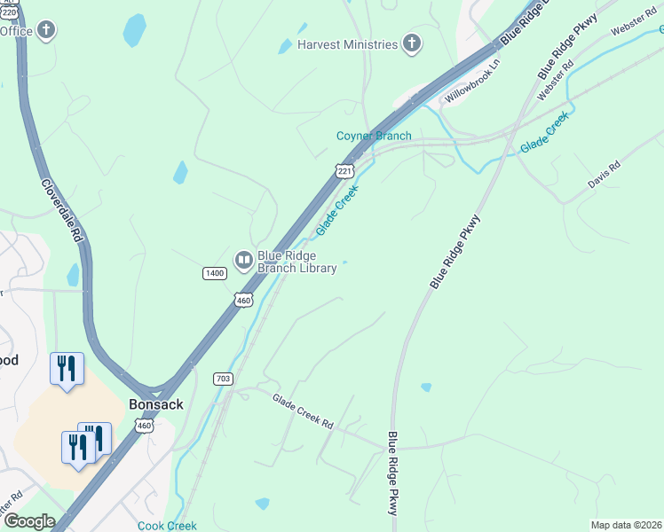 map of restaurants, bars, coffee shops, grocery stores, and more near 4854 Glade Creek Road in Roanoke