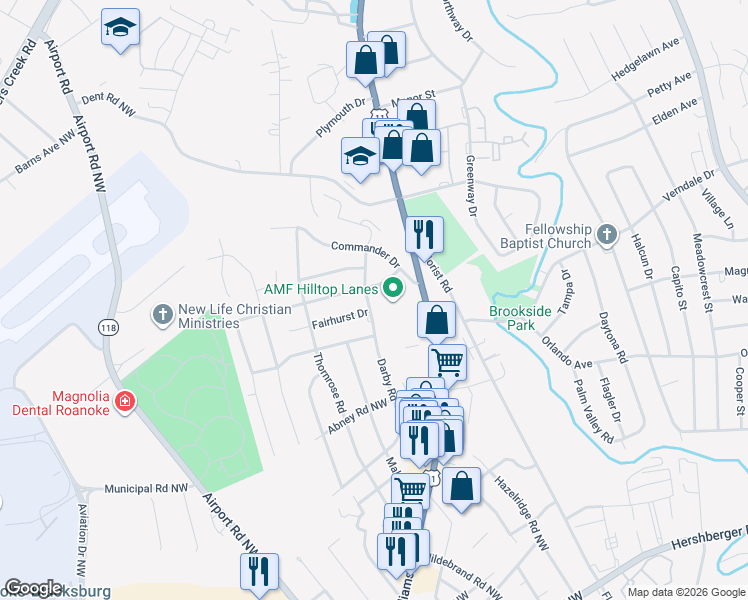 map of restaurants, bars, coffee shops, grocery stores, and more near 5901 Darby Road Northwest in Roanoke