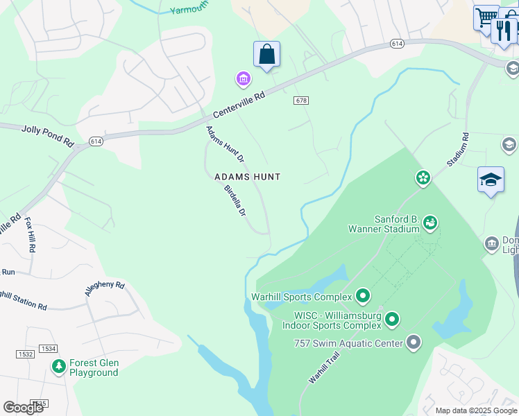 map of restaurants, bars, coffee shops, grocery stores, and more near 6268 Adams Hunt Drive in Williamsburg