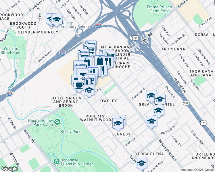map of restaurants, bars, coffee shops, grocery stores, and more near 1069 Owsley Avenue in San Jose