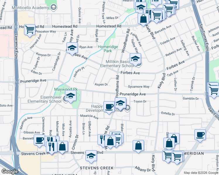 map of restaurants, bars, coffee shops, grocery stores, and more near 3037 Pruneridge Avenue in Santa Clara