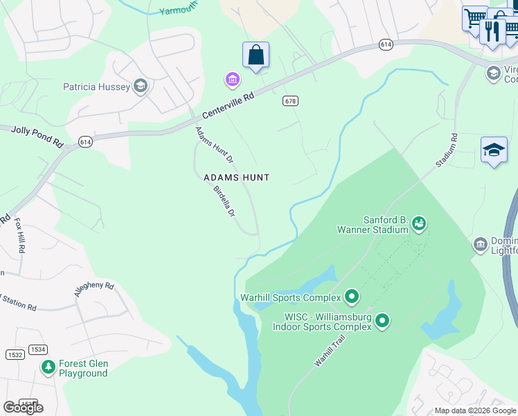 map of restaurants, bars, coffee shops, grocery stores, and more near 6272 Adams Hunt Drive in Williamsburg