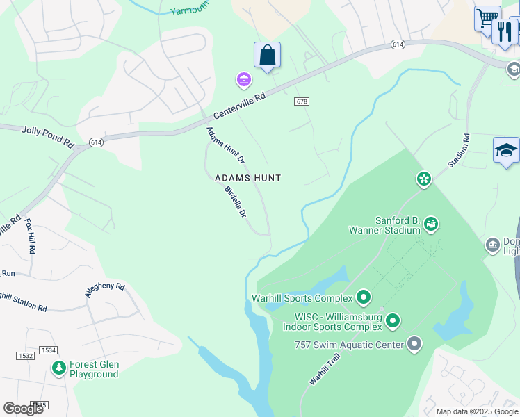 map of restaurants, bars, coffee shops, grocery stores, and more near 6268 Adams Hunt Drive in Williamsburg
