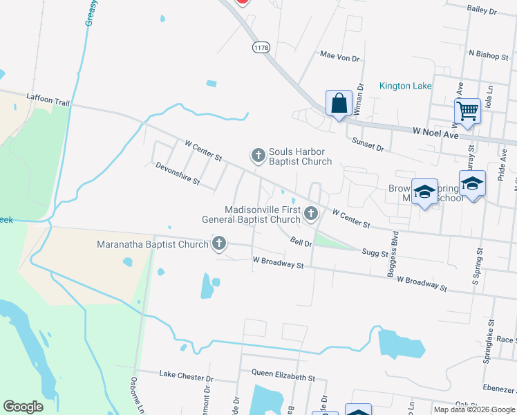 map of restaurants, bars, coffee shops, grocery stores, and more near 1045 Bell Dr in Madisonville