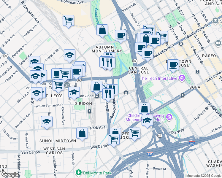 map of restaurants, bars, coffee shops, grocery stores, and more near 55 S Autumn St in San Jose