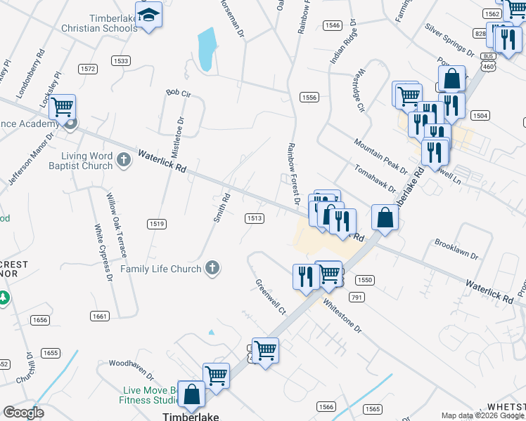 map of restaurants, bars, coffee shops, grocery stores, and more near 3606 Waterlick Road in Forest