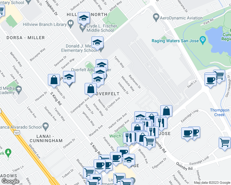 map of restaurants, bars, coffee shops, grocery stores, and more near 2105 Mondigo Avenue in San Jose