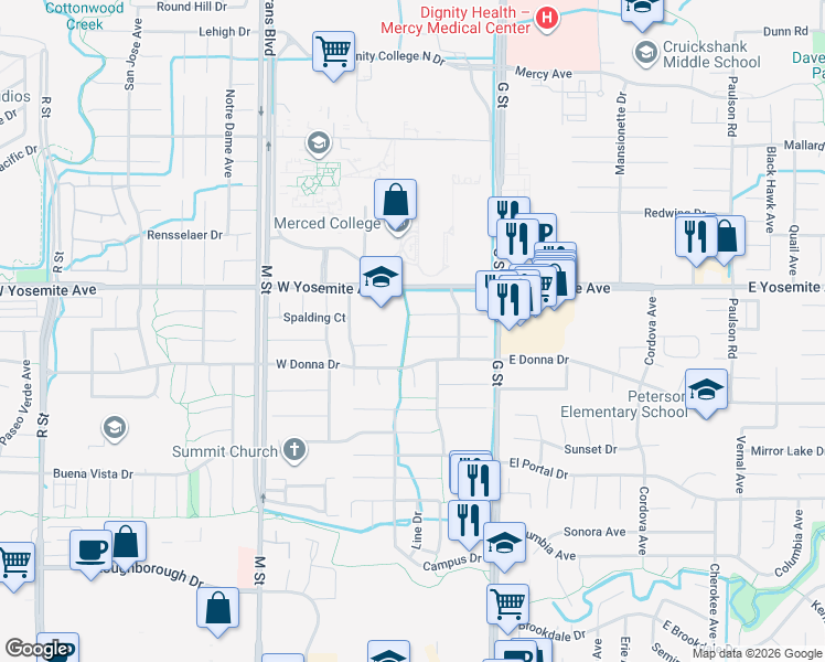map of restaurants, bars, coffee shops, grocery stores, and more near 349 Silver Star Court in Merced