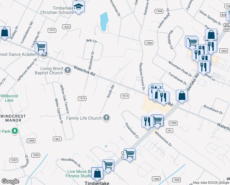 map of restaurants, bars, coffee shops, grocery stores, and more near 78-96 Smith Road in Forest