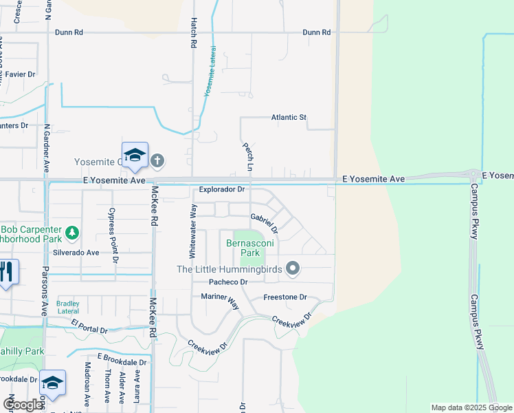 map of restaurants, bars, coffee shops, grocery stores, and more near 2391 Gabriel Drive in Merced