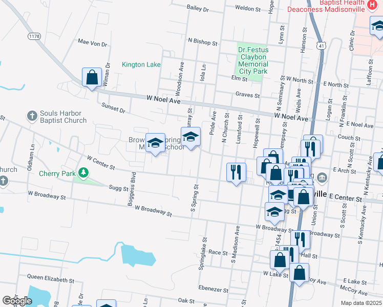 map of restaurants, bars, coffee shops, grocery stores, and more near 357 West Arch Street in Madisonville