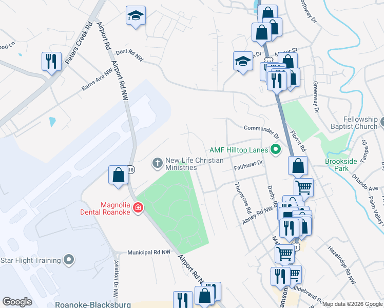map of restaurants, bars, coffee shops, grocery stores, and more near 1099 Grove Lane in Roanoke