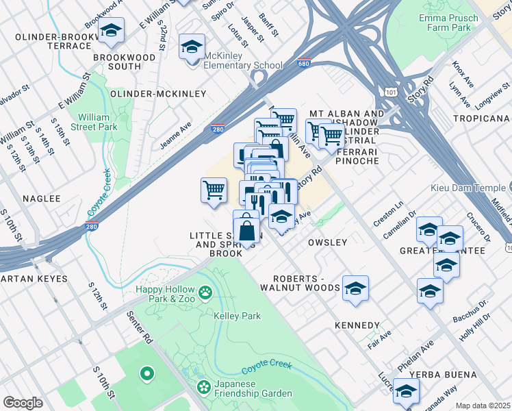map of restaurants, bars, coffee shops, grocery stores, and more near 909 Story Road in San Jose