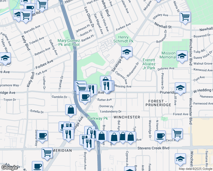 map of restaurants, bars, coffee shops, grocery stores, and more near 345 Saratoga Avenue in Santa Clara