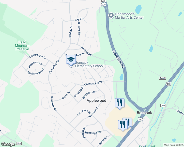 map of restaurants, bars, coffee shops, grocery stores, and more near 5640 Orchard Villas Circle in Roanoke