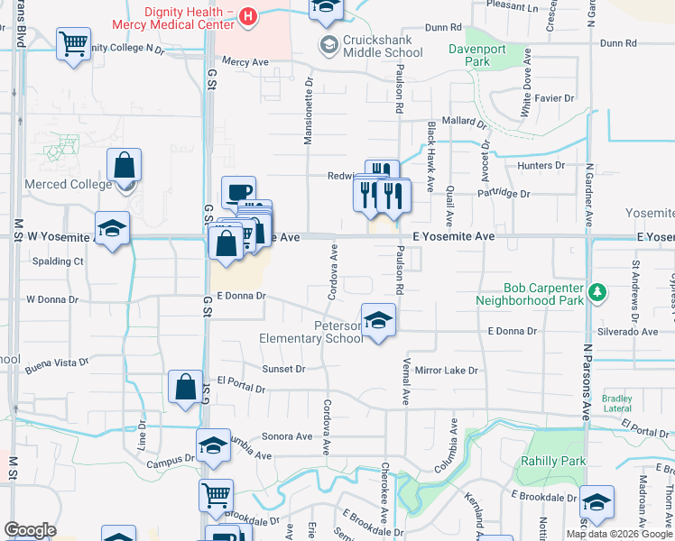 map of restaurants, bars, coffee shops, grocery stores, and more near 567 Bodega Court in Merced