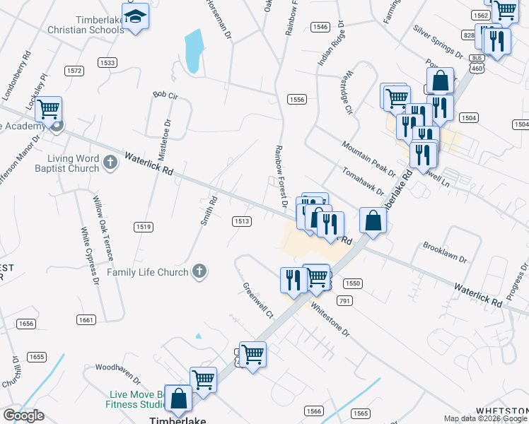 map of restaurants, bars, coffee shops, grocery stores, and more near 3606 Waterlick Road in Forest