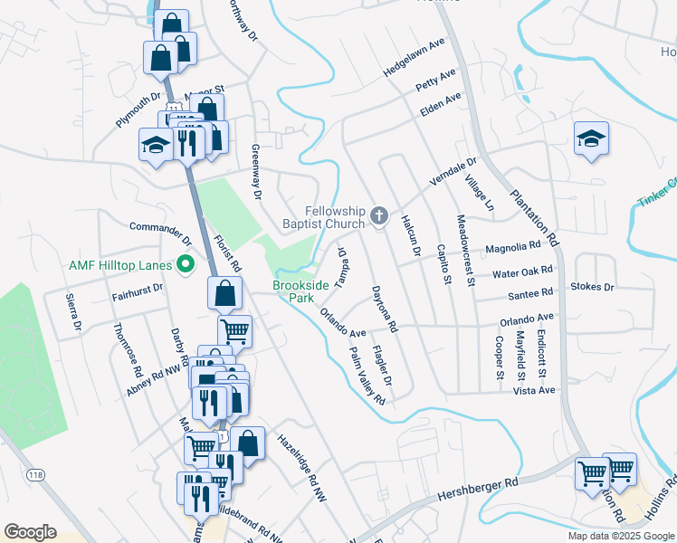 map of restaurants, bars, coffee shops, grocery stores, and more near 150 Tampa Drive in Hollins