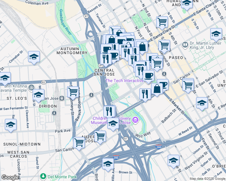 map of restaurants, bars, coffee shops, grocery stores, and more near Guadalupe River Trail in San Jose