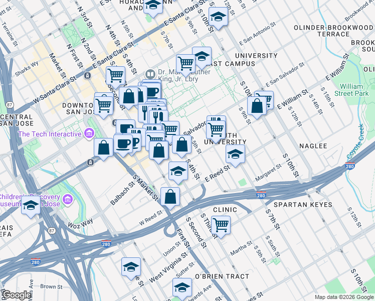 map of restaurants, bars, coffee shops, grocery stores, and more near 460 South 4th Street in San Jose