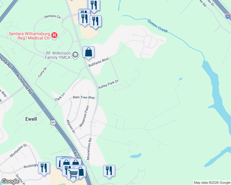 map of restaurants, bars, coffee shops, grocery stores, and more near 200 Ashby Park Drive in Williamsburg
