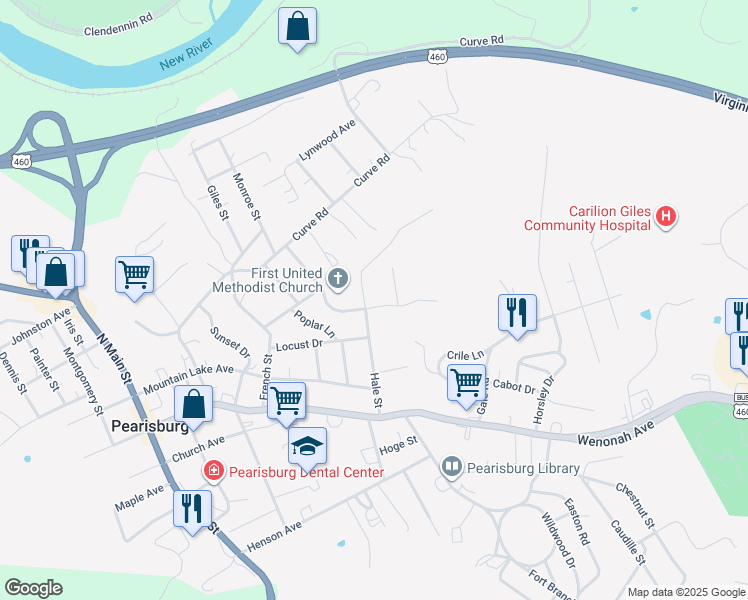 map of restaurants, bars, coffee shops, grocery stores, and more near 1200-1204 Valley View Drive in Pearisburg