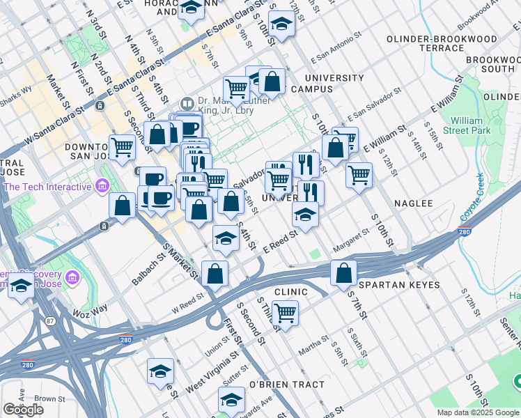 map of restaurants, bars, coffee shops, grocery stores, and more near 499 South 5th Street in San Jose