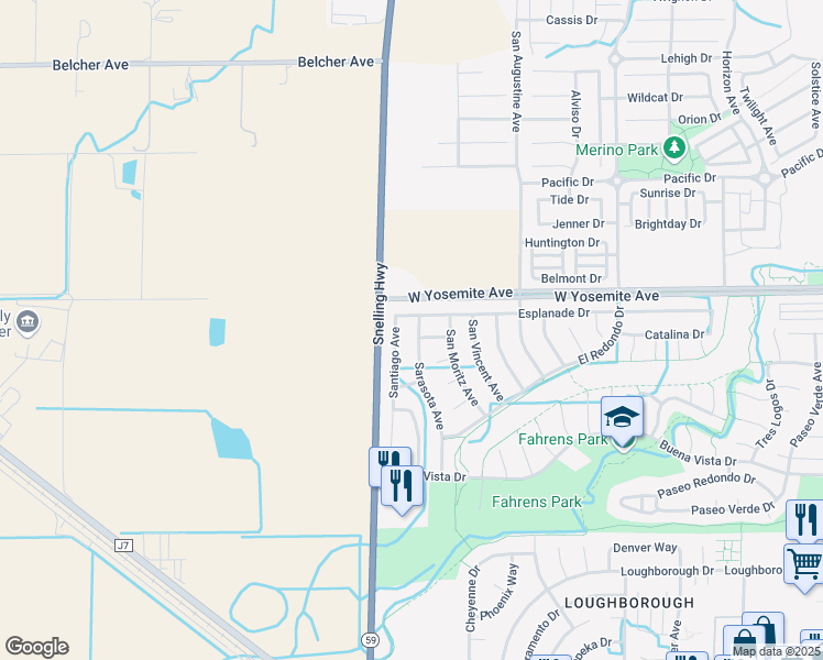 map of restaurants, bars, coffee shops, grocery stores, and more near 3585 Sarasota Avenue in Merced