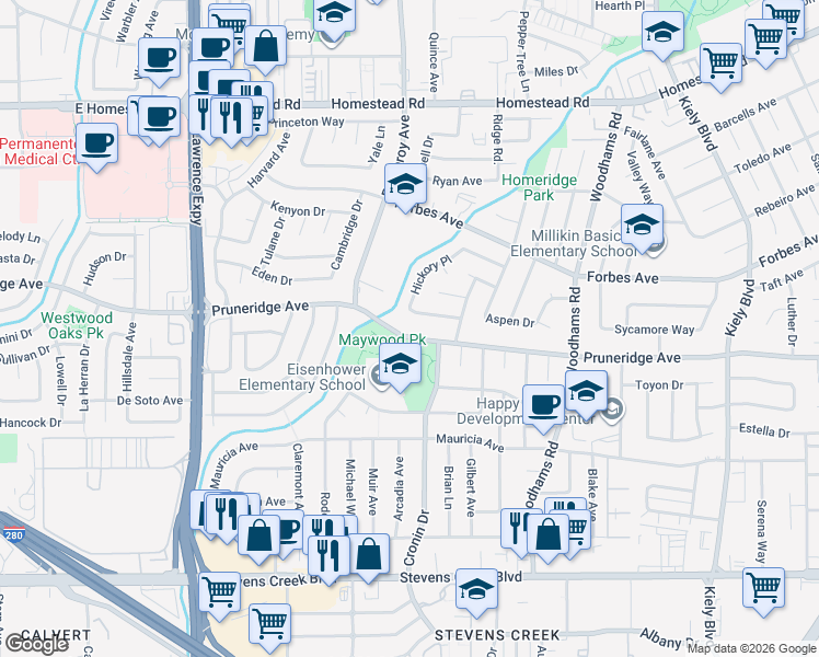 map of restaurants, bars, coffee shops, grocery stores, and more near 3301 Pruneridge Avenue in Santa Clara