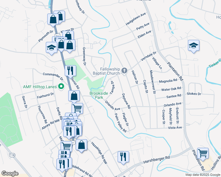 map of restaurants, bars, coffee shops, grocery stores, and more near 150 Tampa Drive in Hollins