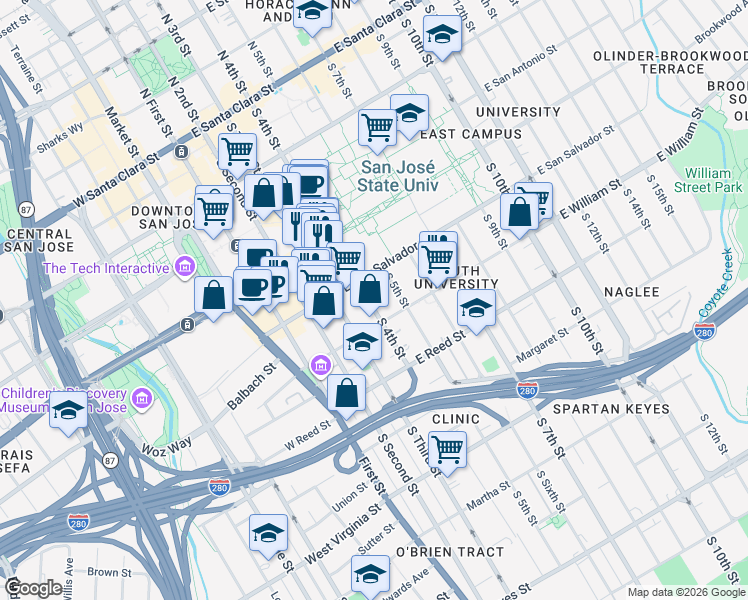 map of restaurants, bars, coffee shops, grocery stores, and more near 465 South 4th Street in San Jose