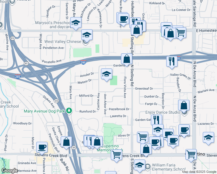 map of restaurants, bars, coffee shops, grocery stores, and more near 10500 Ann Arbor Avenue in Cupertino