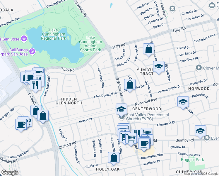 map of restaurants, bars, coffee shops, grocery stores, and more near 2597 Glen Hedge Court in San Jose