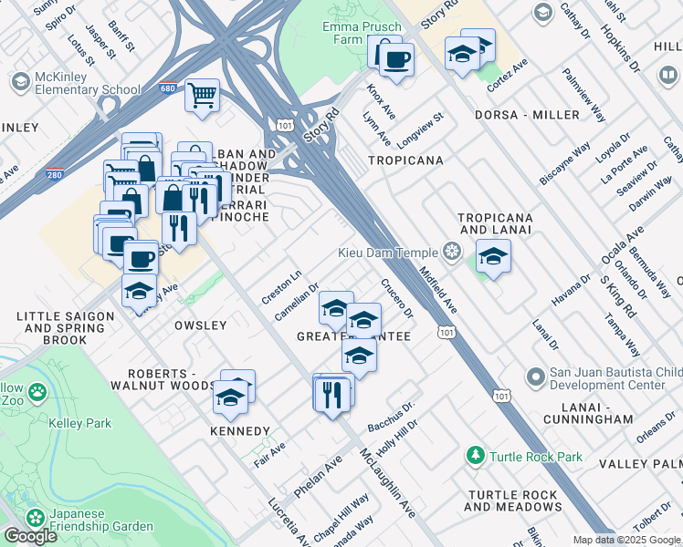 map of restaurants, bars, coffee shops, grocery stores, and more near 1379 McQuesten Drive in San Jose
