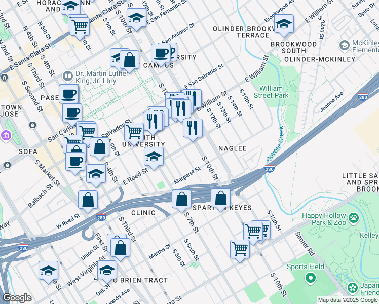 map of restaurants, bars, coffee shops, grocery stores, and more near 637 South 9th Street in San Jose