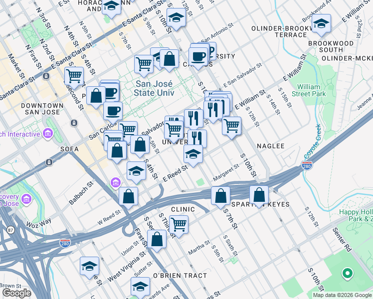 map of restaurants, bars, coffee shops, grocery stores, and more near in San Jose