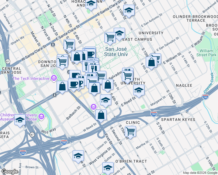 map of restaurants, bars, coffee shops, grocery stores, and more near 465 South 4th Street in San Jose